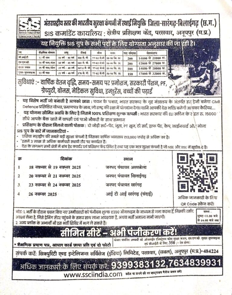 SIS Security कंपनी द्वारा सारंगढ़-बिलाईगढ़ जिले में भर्ती अभियान शुरू, युवाओं के लिए सुनहरा अवसर